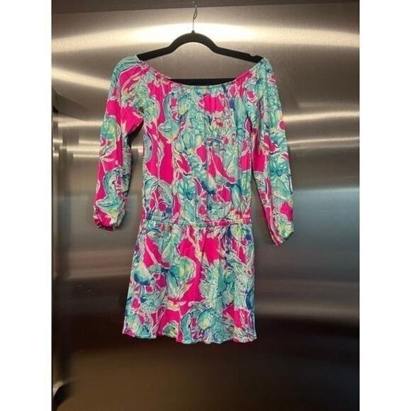 Lilly Pulitzer Lana Off the Shoulder Raz Berry Lobsters in Love Skort Romper XXS - Picture 1 of 3